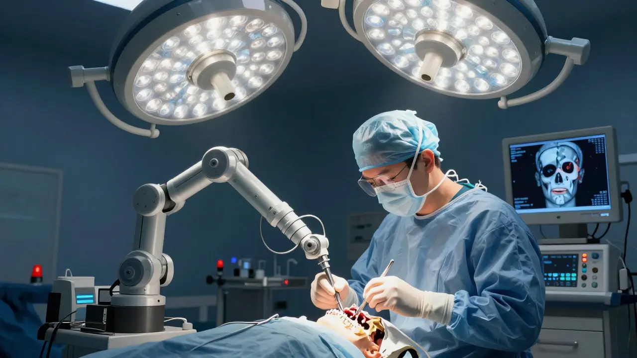 Chirurg používá robotické nástroje k rekonstrukci čelisti po dopravní nehodě.