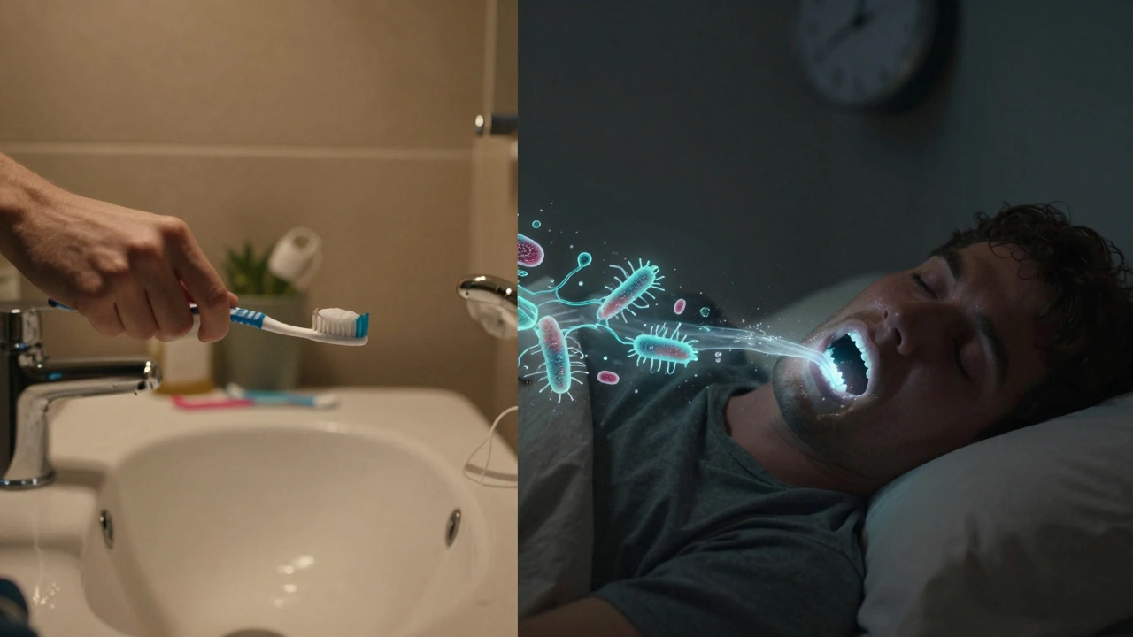 Člověk čistí zuby večer, zatímco pod jeho ústy se bakterie rozplynou, symbolizující účinek správné hygieny.