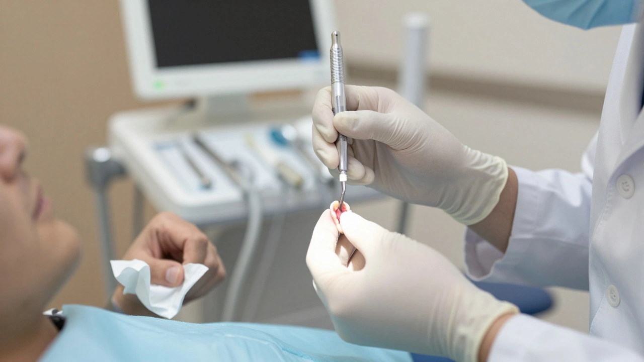 Dentist measuring gum pocket depth with a periodontal probe during a clinical examination.