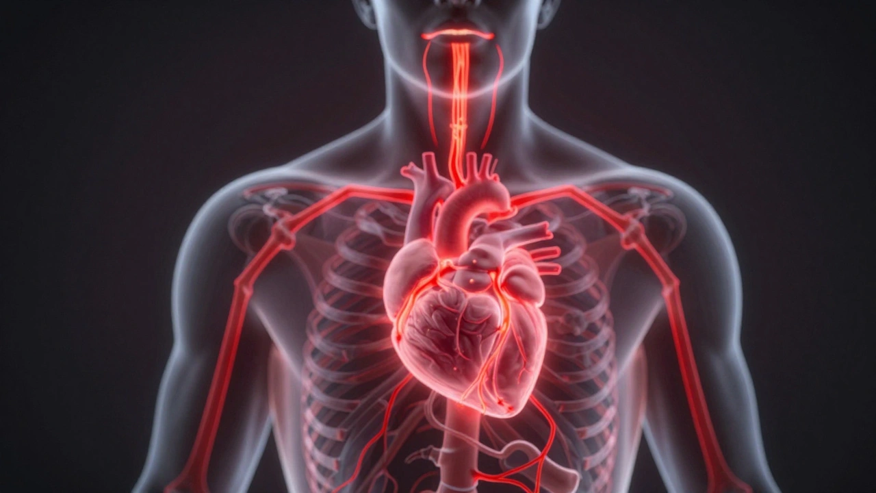 Glowing red pathways spreading from mouth to heart and brain, symbolizing systemic inflammation.
