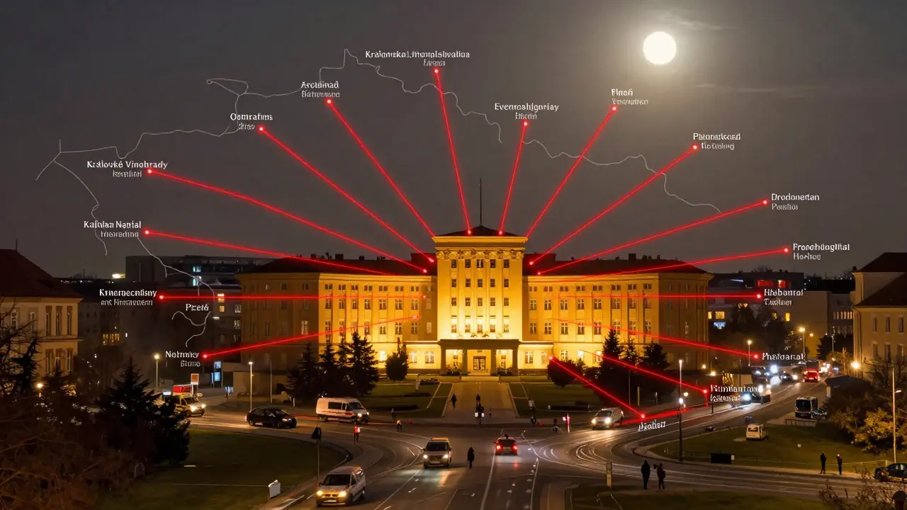 Mapa Česka s cestami pacientů směřujících do nemocnice Královské Vinohrady pro zubní pohotovost.