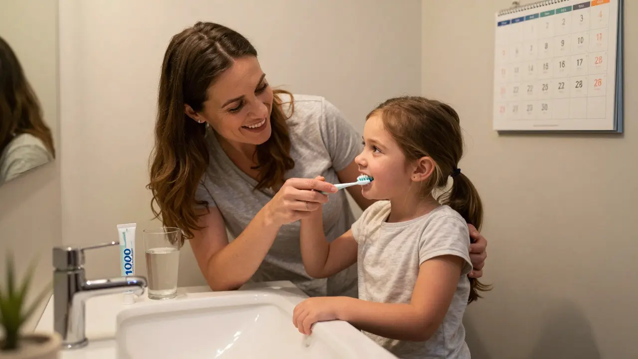 Matka čistí dcero zuby večer, symbolizující pravidelnou ústní hygienu.