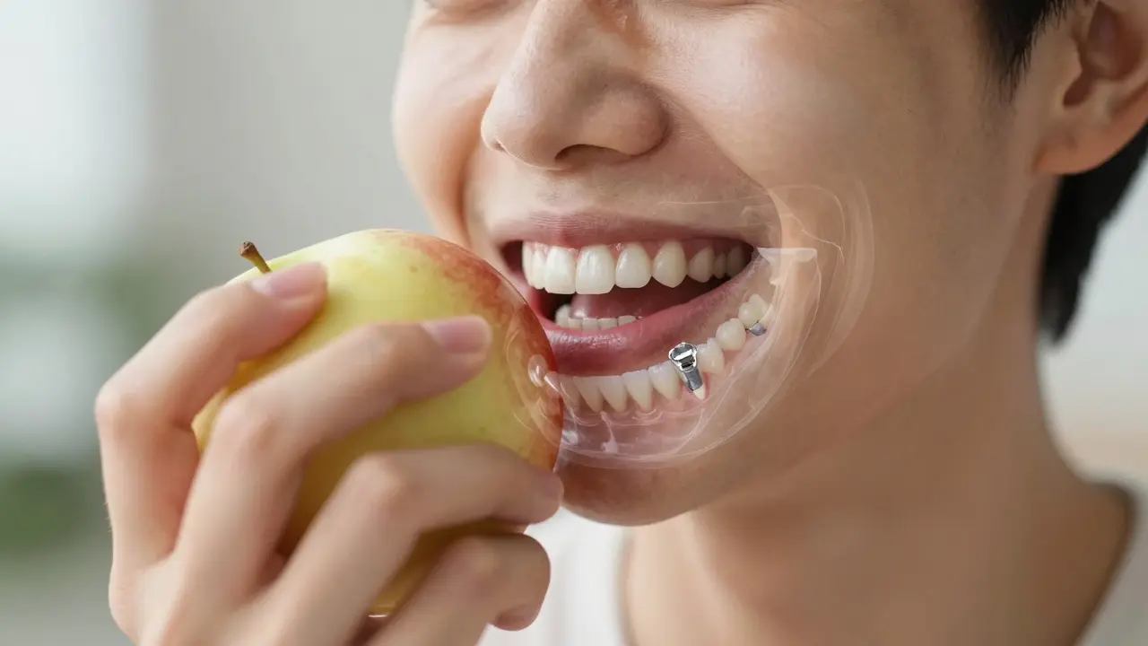 Person smiling while eating an apple, with visible dental implants in the jawbone.
