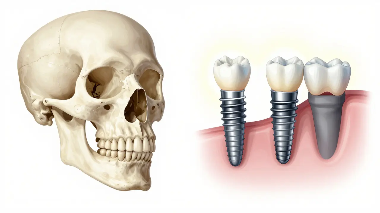 Side-by-side comparison of deteriorated and restored jawbone with dental implants.