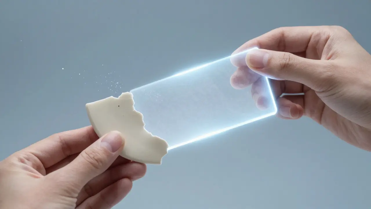 Delicate ceramic veneer fragment next to glowing lithium disilicate material