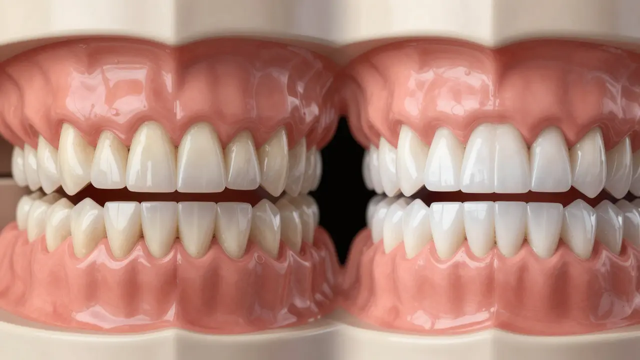 Side-by-side comparison of old stained and new luminous ceramic veneers