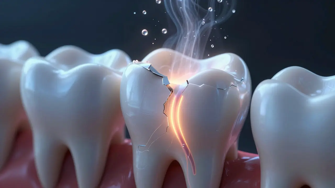 Zub s odhaleným nervem, poškozený skloňkou, ovlivňovaný kyselinou, chladem a škrábáním.