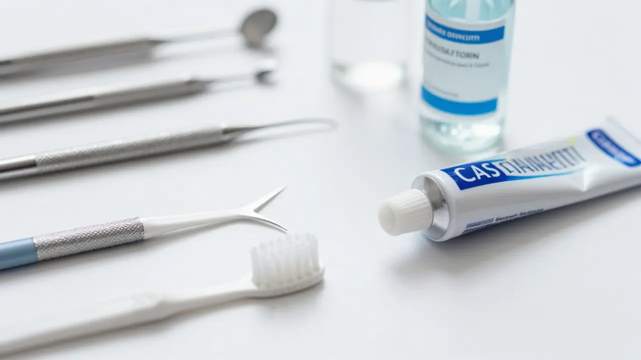 Nástroje pro péči o rovnátka: interdentalní kartáček, nit, pasta a ústní vodík.