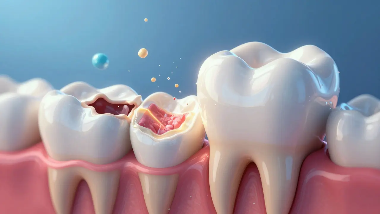 Porovnání zdravého a poškozeného předního zubu s odhalenou citlivou dentinou.