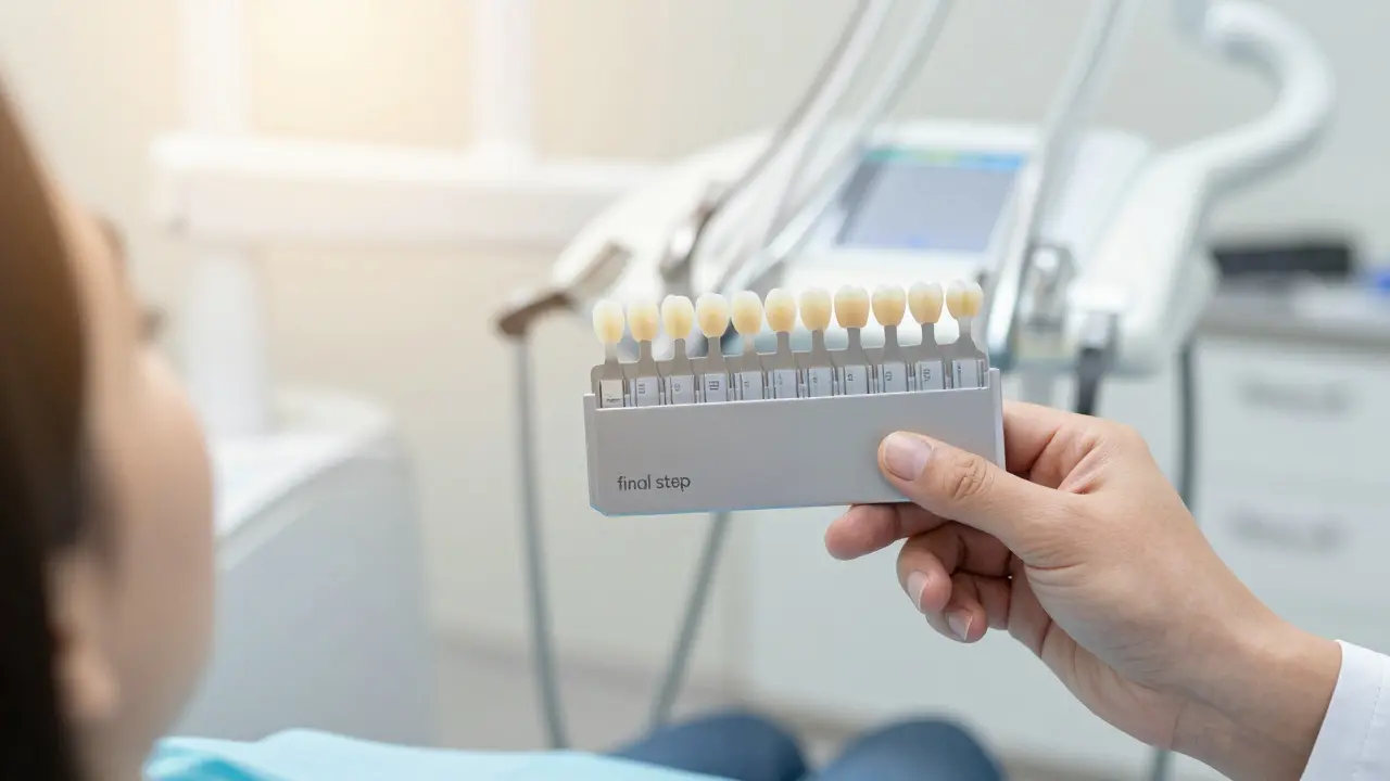 Dentista přislušující odstín nové bílé plomby k nově vyběleným zubům pacienta.