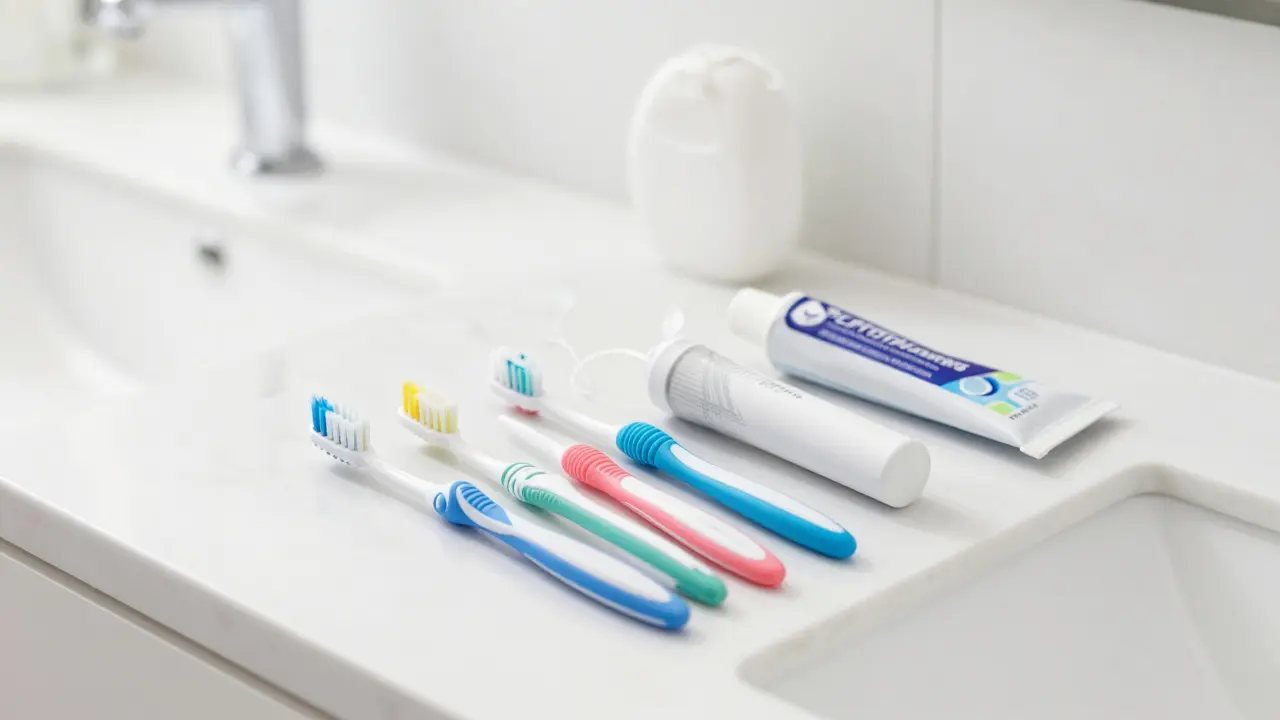 Sada pomůcek pro dentální hygienu na bílém mramoru.