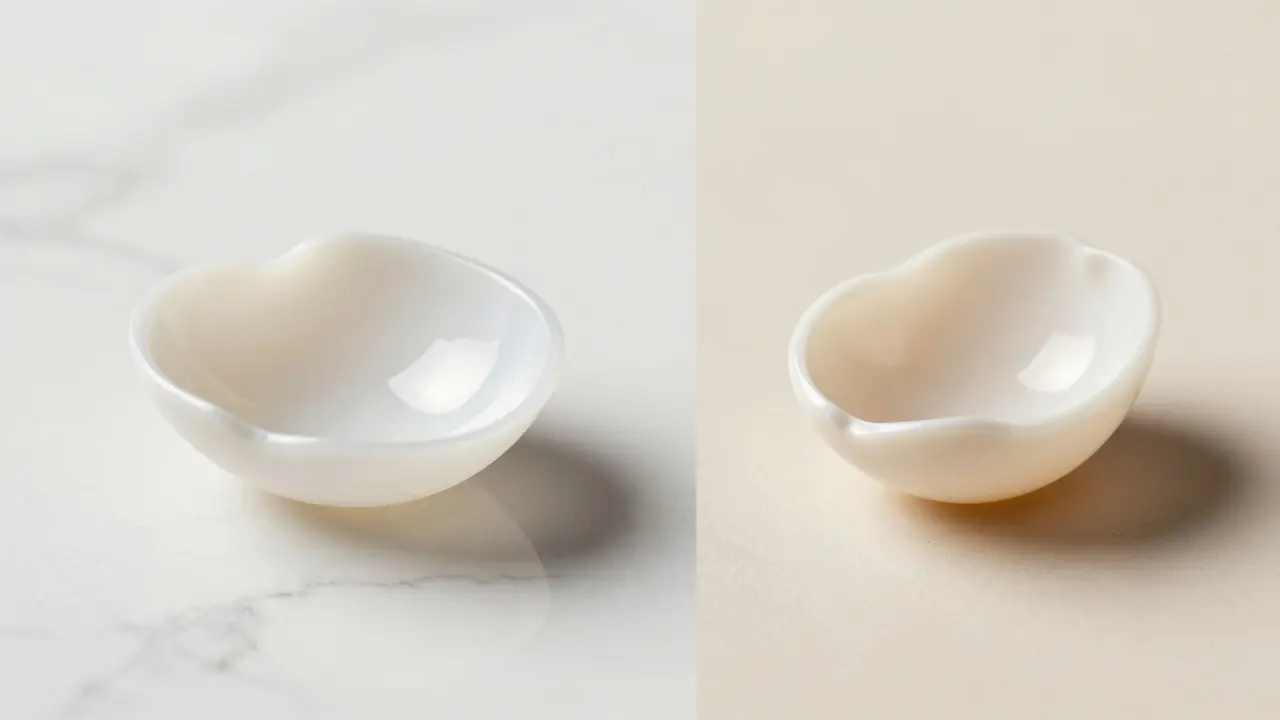 Srovnání vzhledu porcelánové a kompozitní zubnídice na neutrálním pozadí
