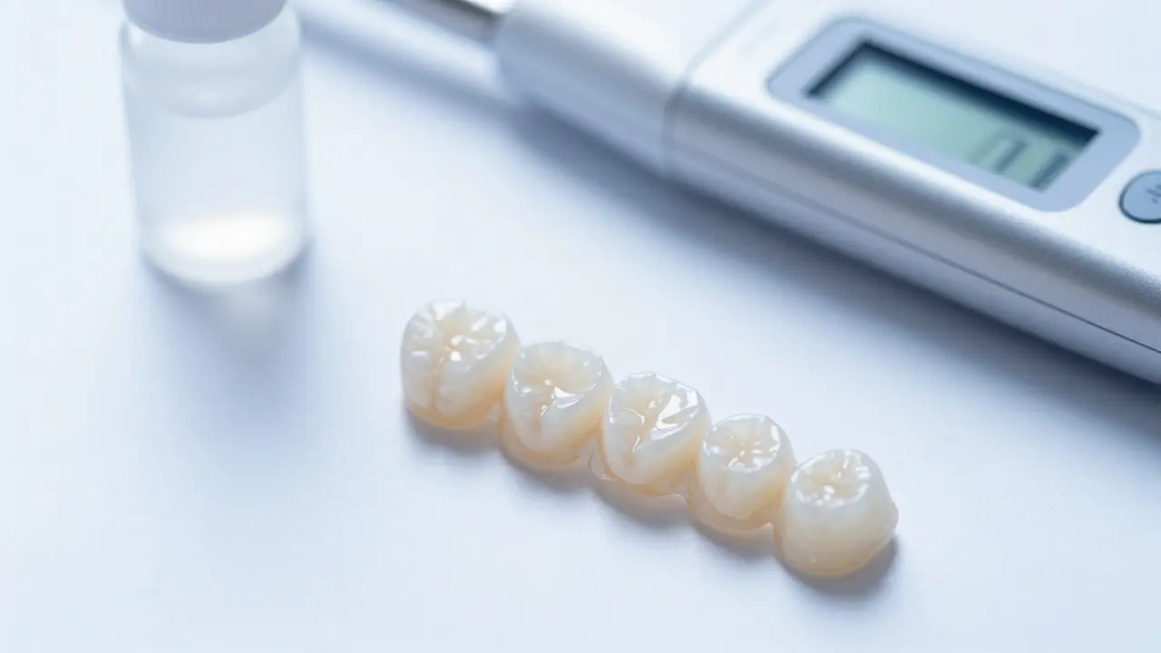 Keramické zubní vinýry a digitální skener na klinickém stole