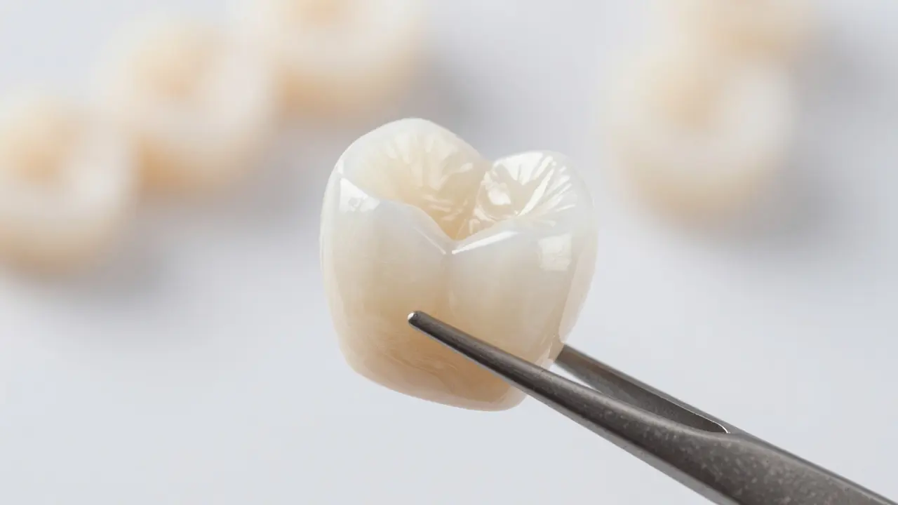 Detailní záběr na průsvitnou keramickou fazetu drženou pinzetou