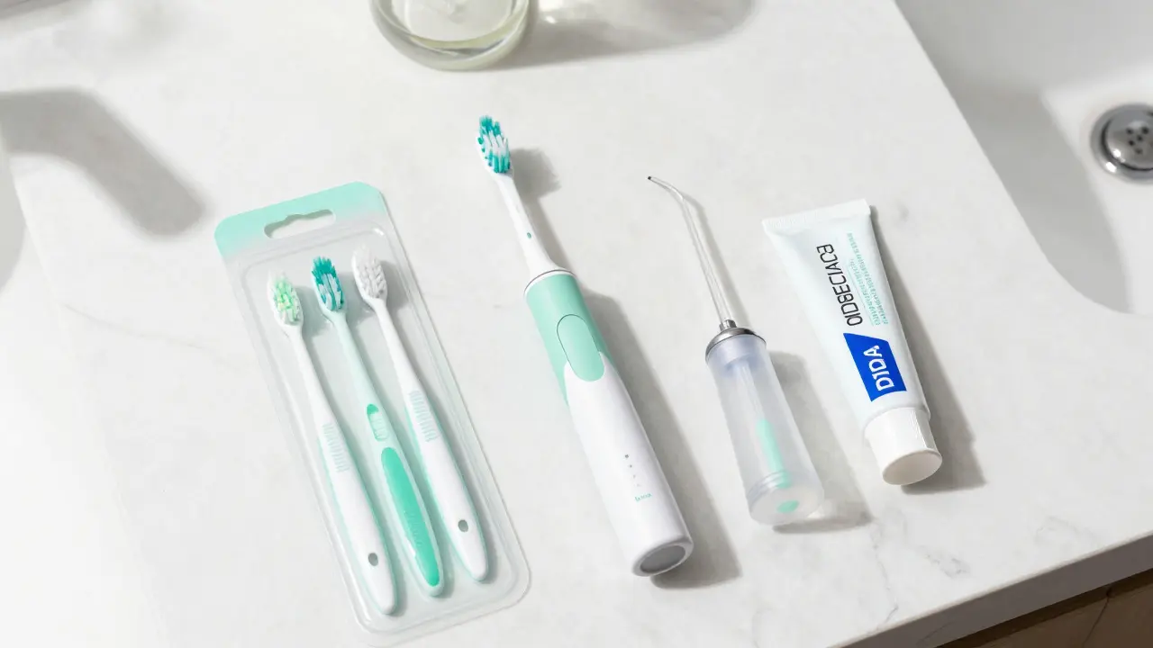 Hygienické pomůcky pro rovnátka: kartáček, mezizubní štětce a pasta