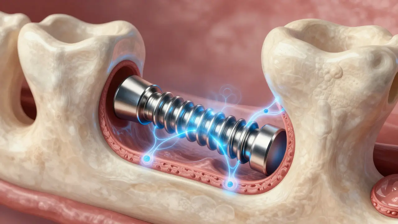 Konceptuální ilustrace splynutí implantátu s kostní tkání