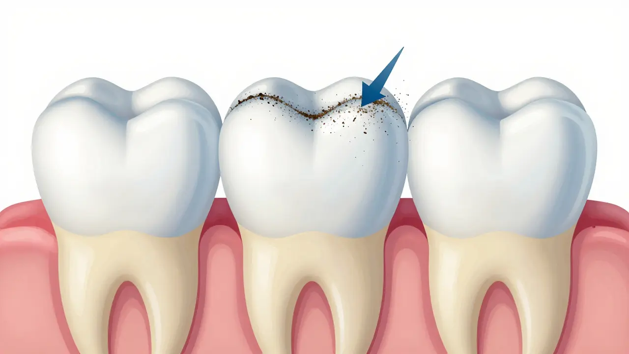 Řez zuby ukazující email, dentin a působení abraziv