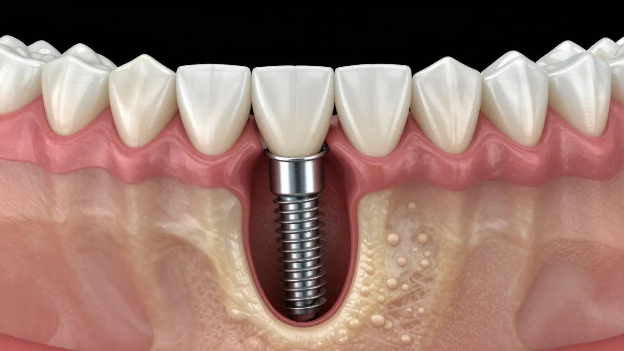 Schéma zubního implantátu s zirkonovou korunou v čelisti