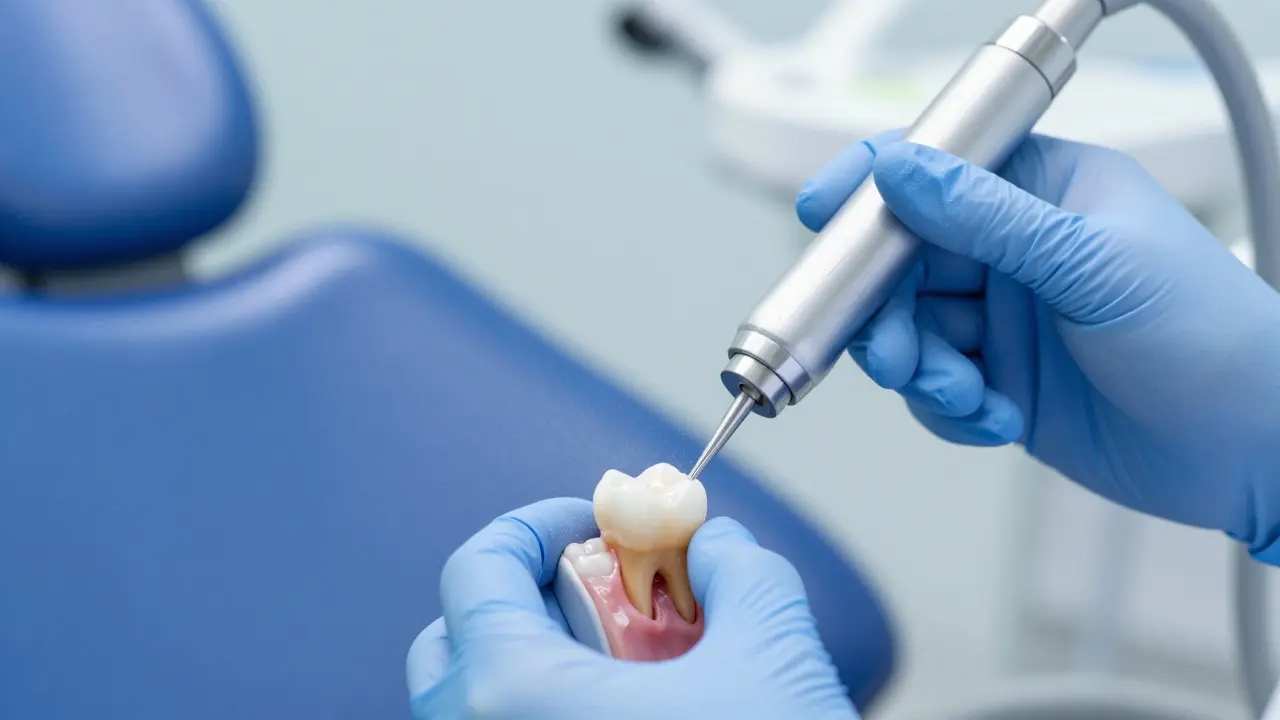 Ultrazvukový skalpel čistící kořen zubu během stomatologického zákroku