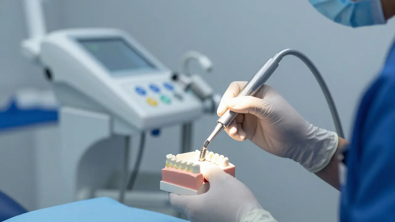 Zubní chirurg instaluje implantát do čelisti v operačním sále