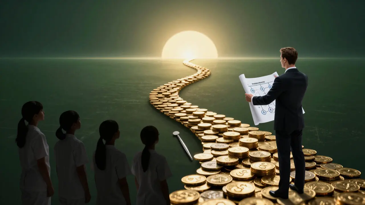 Abstraktní vizualizace kariérního růstu a finančního úspěchu ve stomatologii