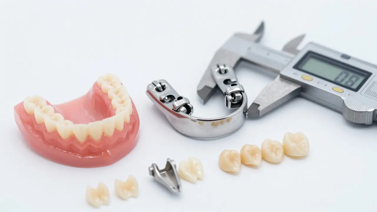 Detailní záběr na různé materiály zubních protéz