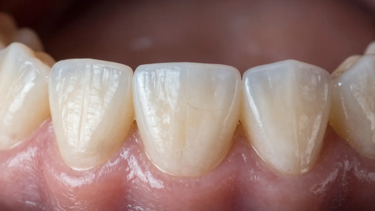 Close-up of a fine crack on a ceramic dental veneer