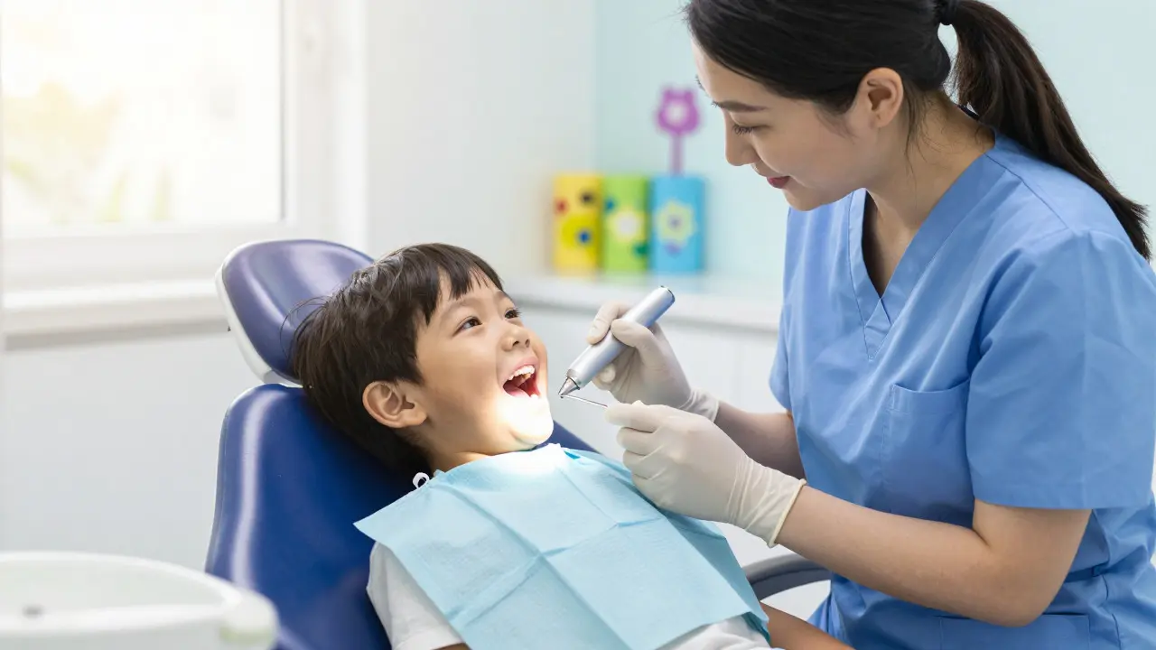 Dítě u dentální hygienistky během profesionálního čištění
