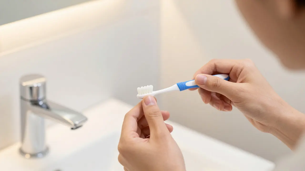 Hands using an interdental brush for daily oral hygiene