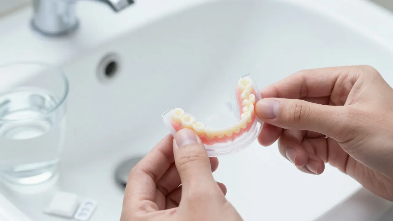 Ruce držící odnímatelnou zubní protézu nad umyvadlem s čistícím prostředkem