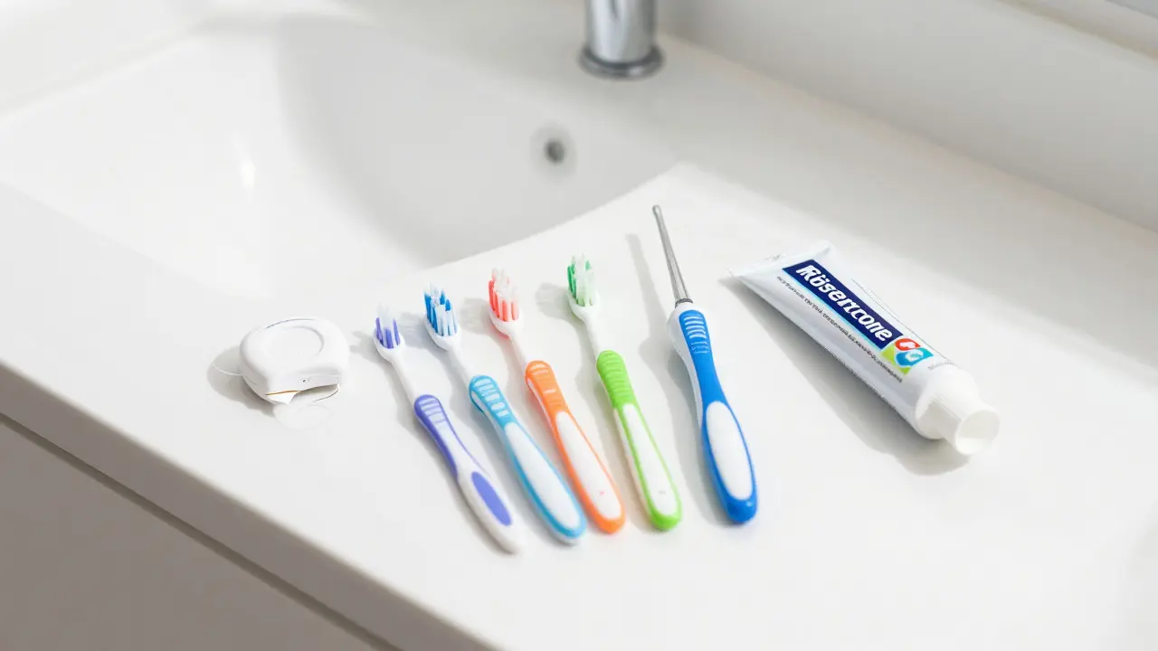 Sada pomůcek na čištění mezi zuby: nit, kartáčky a fluoridová pasta