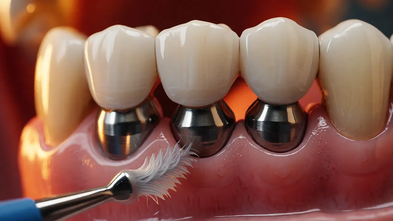 Čištění pevného mostu na implantátech interdentalním kartáčkem