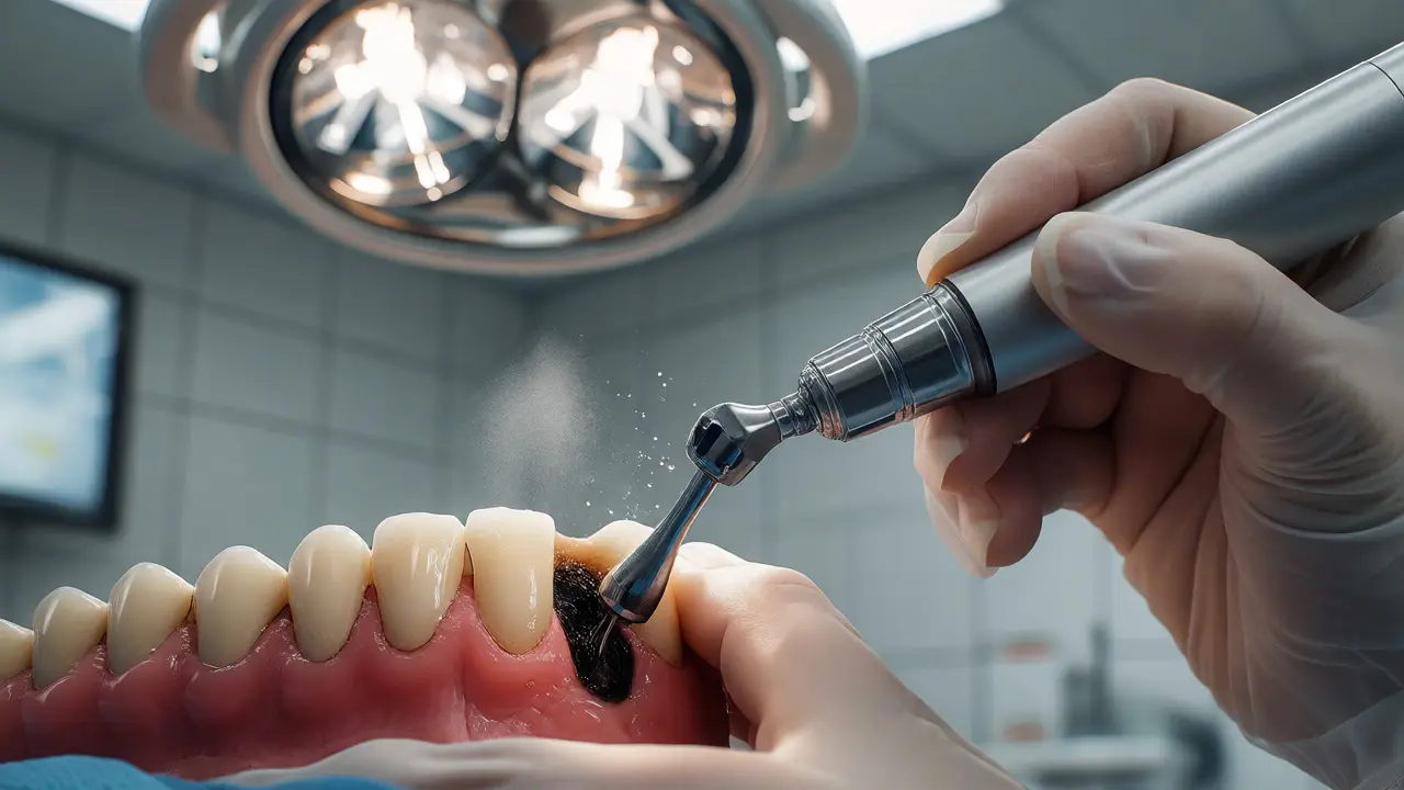 Dentální hygiena odstraňující černý kámen ultrazvukovou sondou