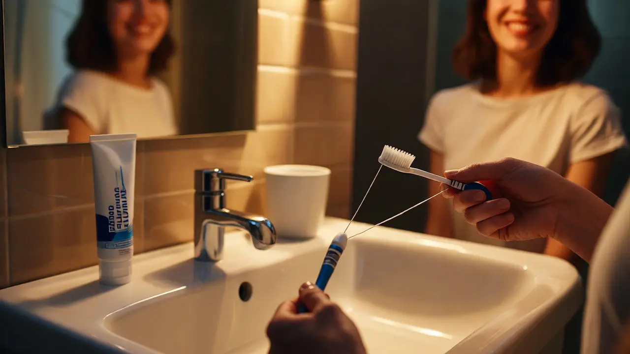 Nástroje pro dentální hygienu: kartáček a nit u umyvadla