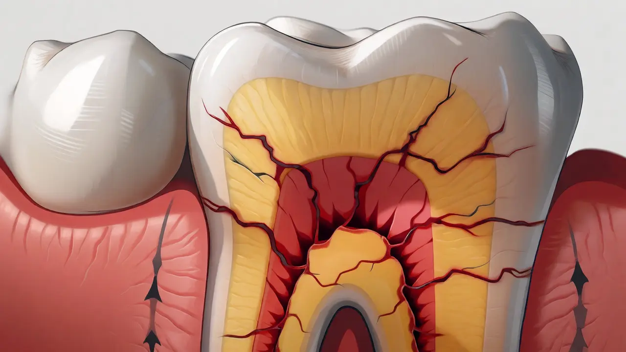 Řez zubem znázorňující hluboké trhliny pronikající do dentinu a pulpy.