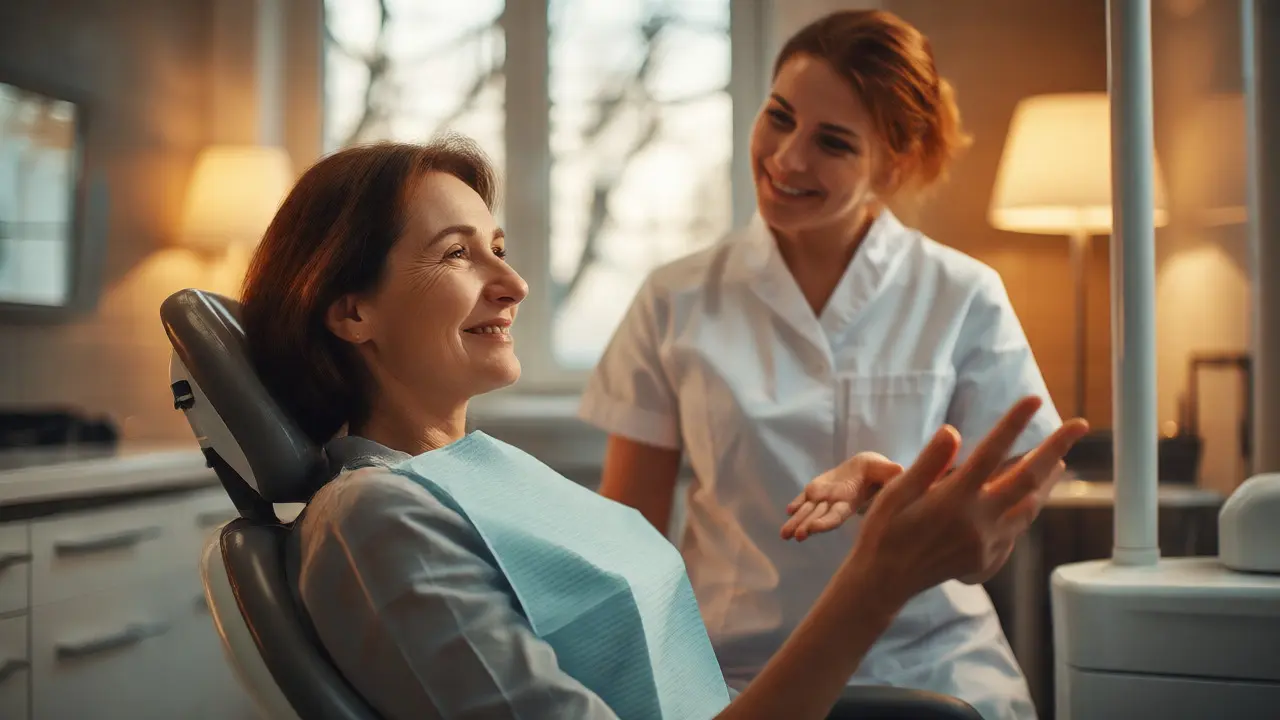 Spokojený pacient a dentální hygienistka po ošetření v klinice