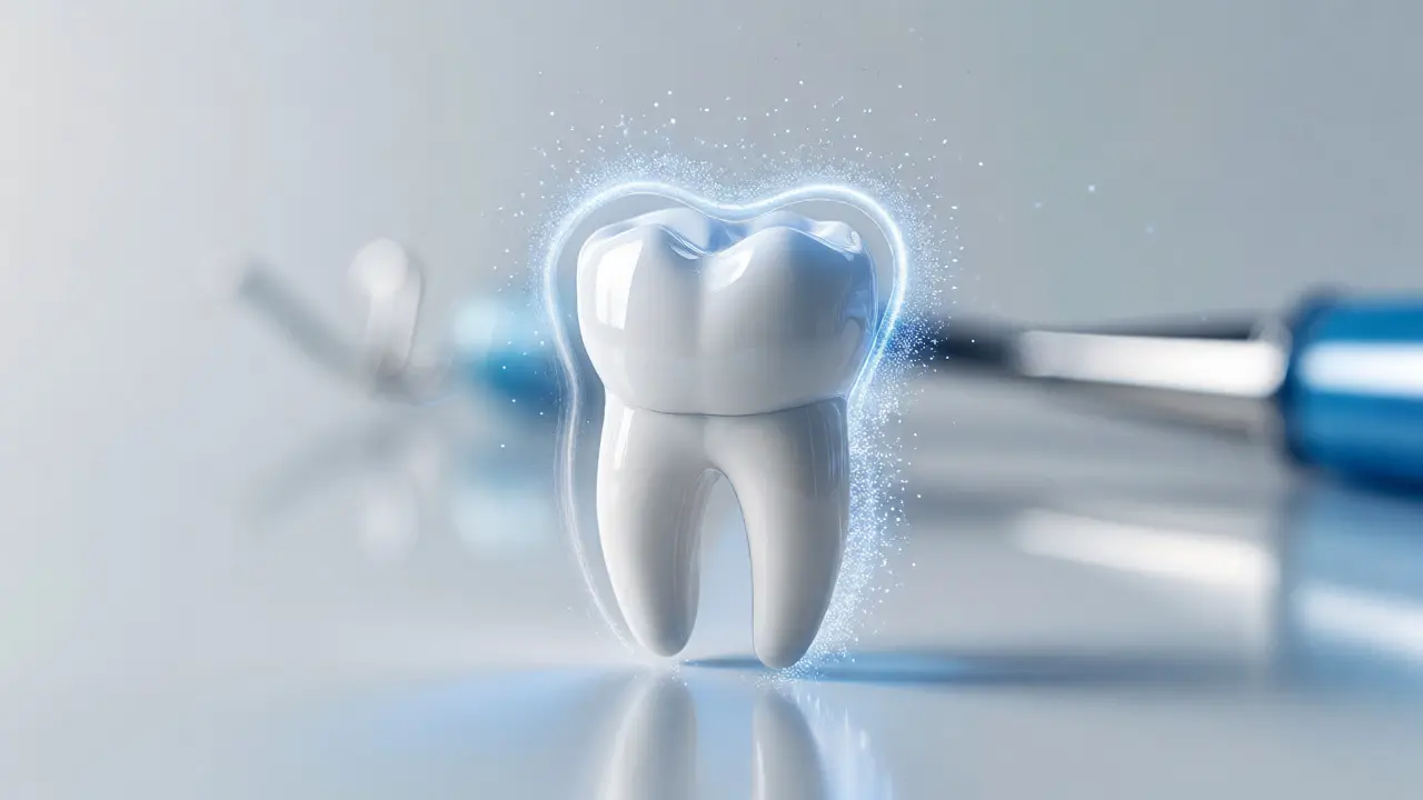 Zdravý zub obklopený ochrannými částicemi fluoridu
