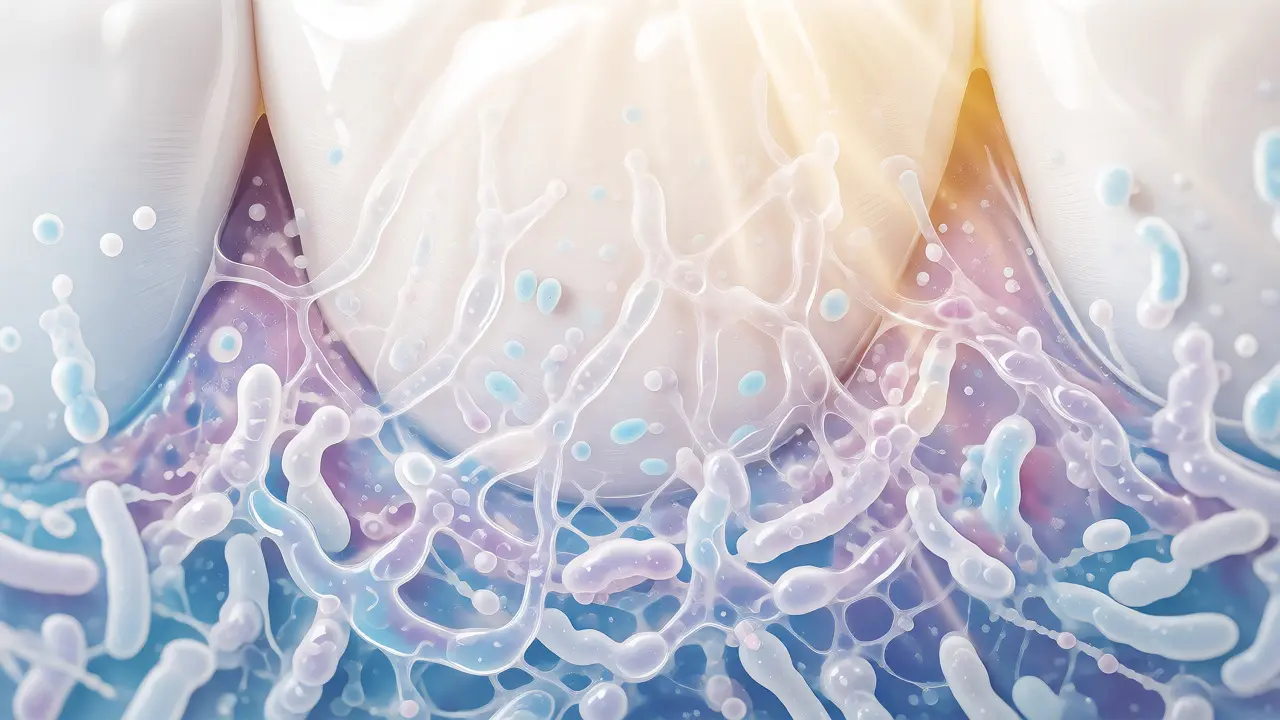 Abstraktní vizualizace bakteriálního biofilmu na zubu