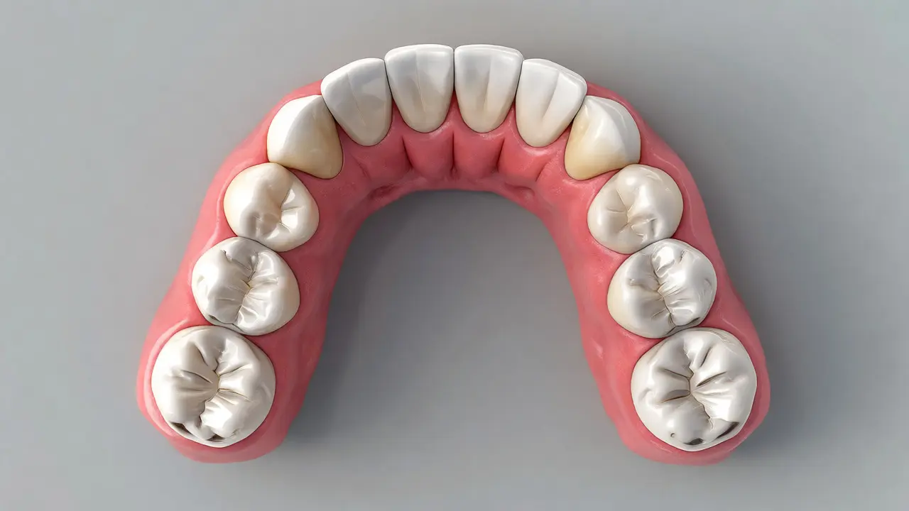 Anatomický pohled shora na horní zubní oblouk s rozlišením typů zubů