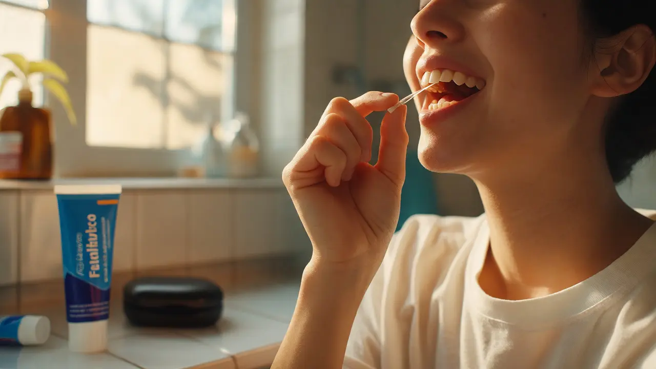Člověk používá dentální nit pro hygienu úst