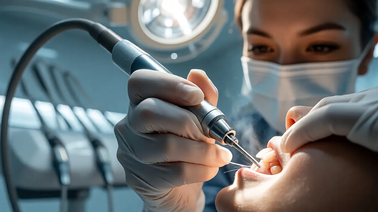 Dentální hygienistka používá ultrazvukový čistič