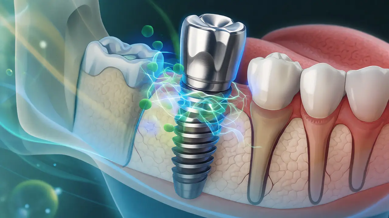 Konceptuální ilustrace hojení zubního implantátu v kostní tkáni s jemným zářením.