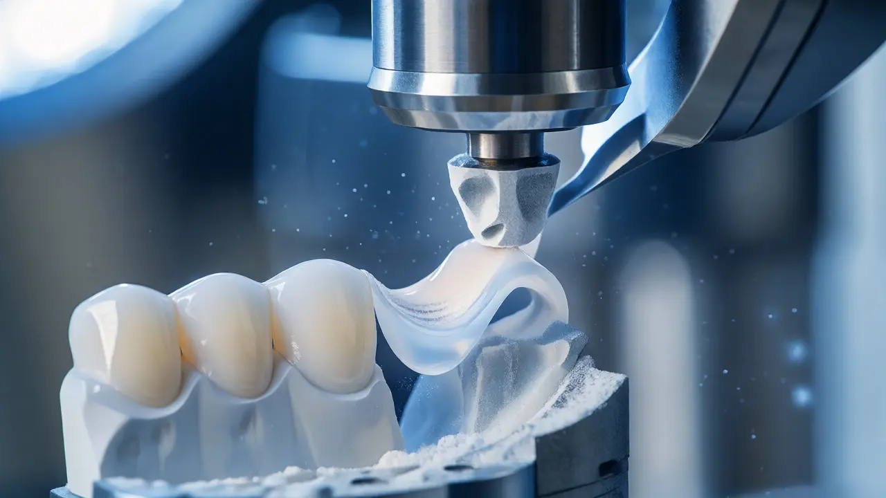 Makro záběr na frézování keramické fazety v zubní laboratoři