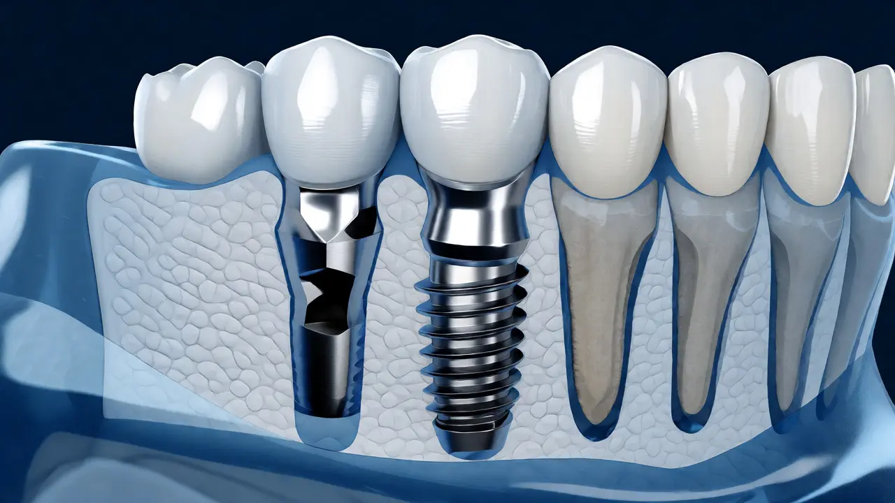 Řez čelistí s integrovaným zubním implantátem
