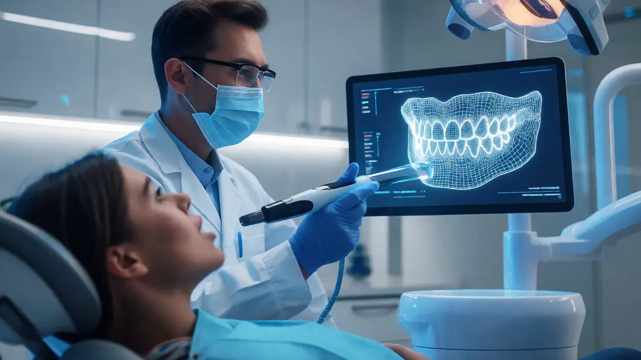 Zubní lékař používá digitální skener pro plánování nového úsměvu