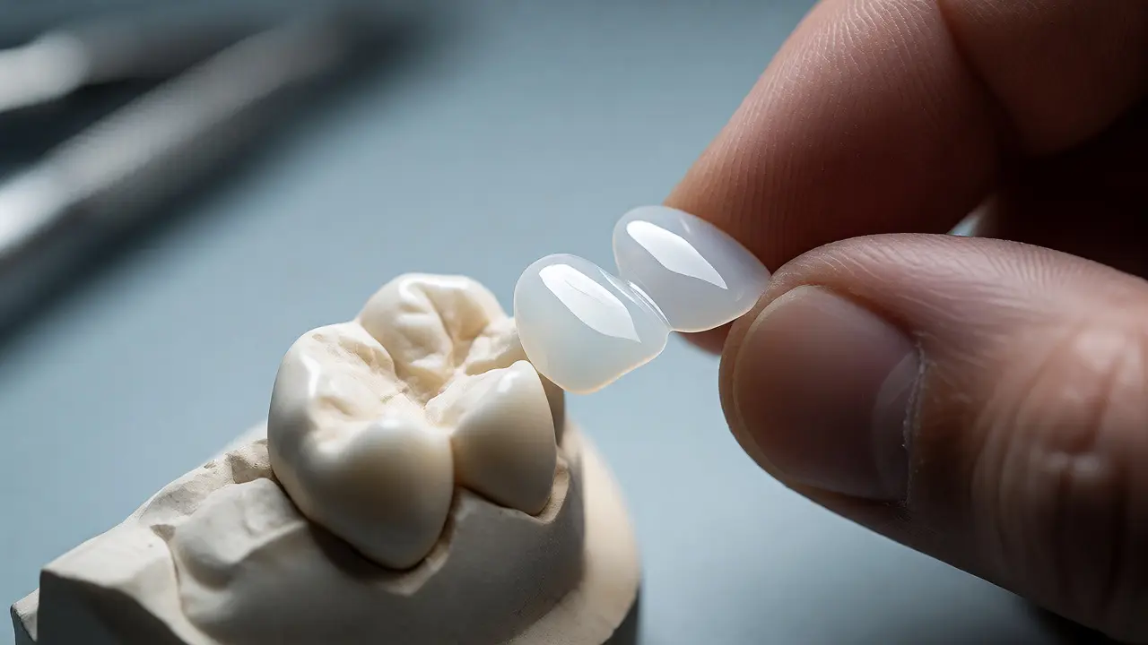 Zubní technik drží tenkou porcelánovou fazetu na modelu zubu v laboratoři